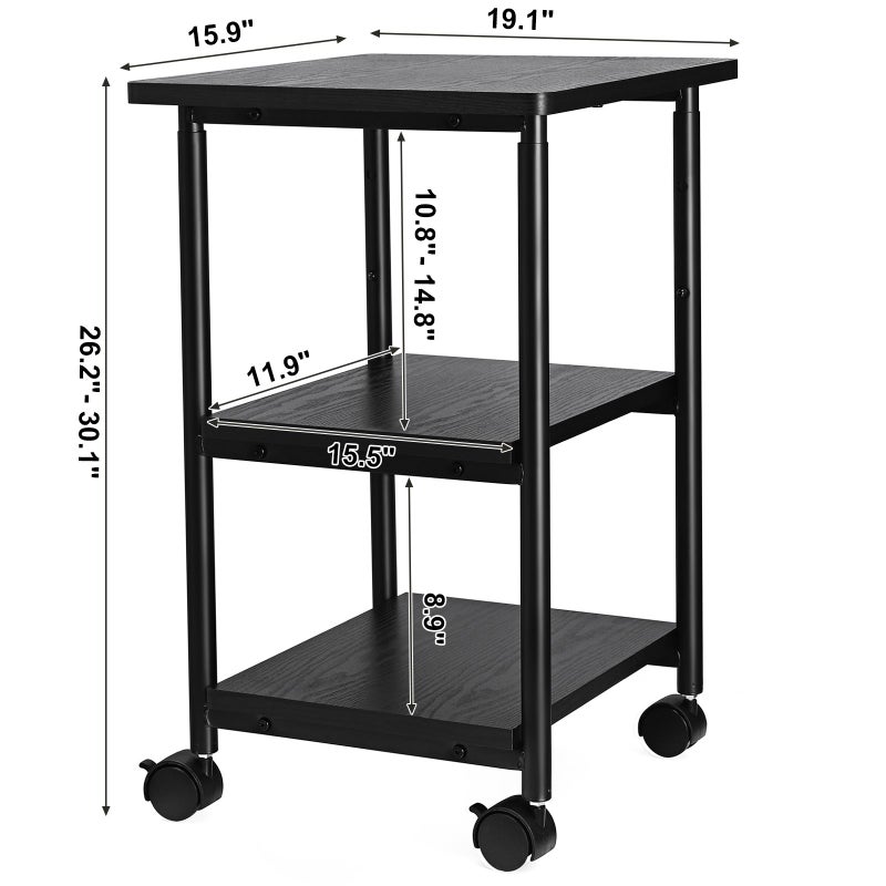 VASAGLE Heavy-Duty Printer Stand with Locking Wheels, 3-Tier Industrial Mobile Cart with Storage Shelf, Printer Table for Home, Office, 26.2-30.1" Adjustable Height, Ebony Black UOPS03B - Image 5